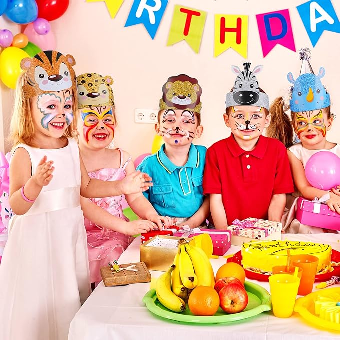 24 Pcs Animal Birthday Party Hats Animal Headbands Jungle Safari Animal Paper Party Crown for Girls Kids (Jungle Animal)