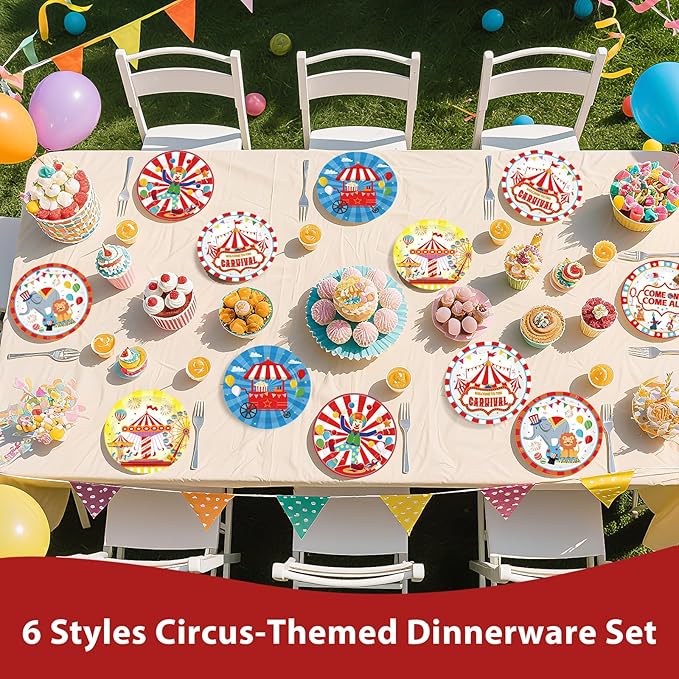 60Pcs Circus Paper Plates 9" Heavy Duty Disposable Carnival Circus Dessert Plates Circus Theme Party Decoration for Kids Boys Girls Birthday Baby Shower Festive Party Supplies