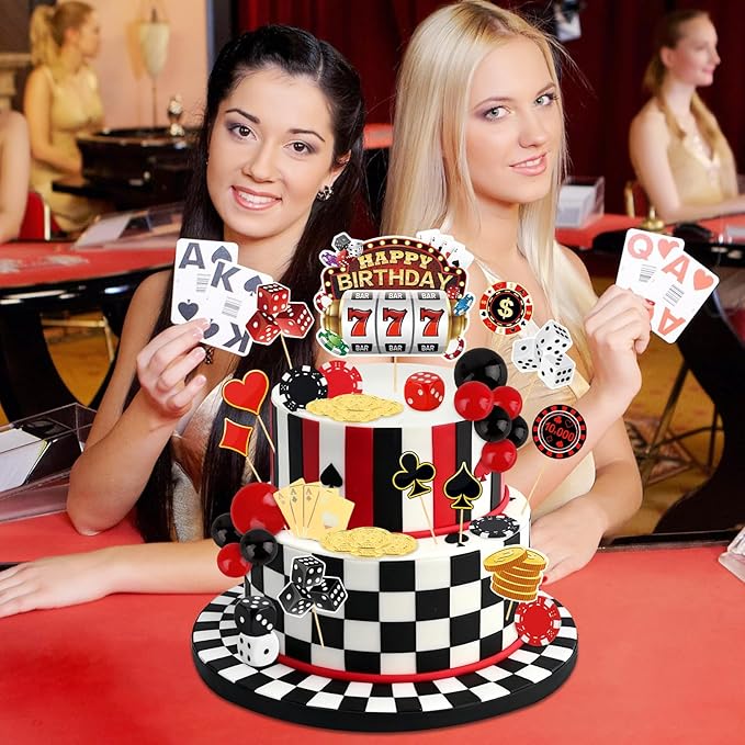 Hooqict 39 Pieces Casino Cake Decorations Set with Mini Slot Machine Dice Poker Birthday Cake Toppers & Cupcake Toppers for Las Vegas Casino Night Theme Party Decorations