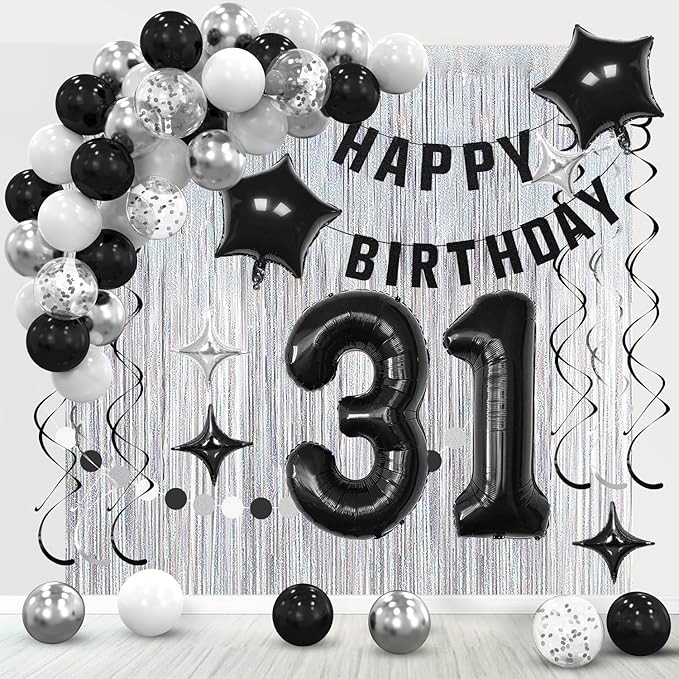 31th Birthday Decorations for Men Women- Black Silver Happy 31th Birthday Party Decor With Banner Backdrop,Number 31 Foil Balloon -Black White Balloons Garland Arch Kit for 31 Years Old