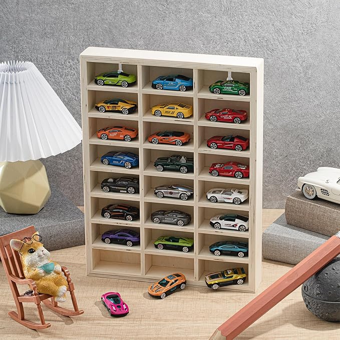 24 Space Toy Cars Wheels Display Case 1: 64 Scale Model Cars Display Shelf Wooden Wall Mounted Die Cast Car Storage Rack for Gift Collectibles Toy Figurines Tiny Cabinet