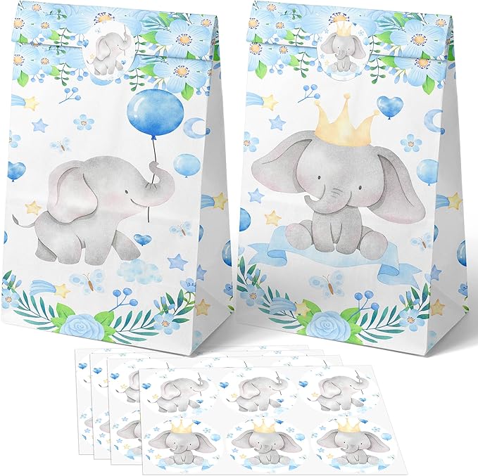 24 PCS Elephant Party Favor Bags with Stickers - Elephant Party Candy Bags – Elephant Goodie Gift Treat Bags Elephant Themed Birthday Party Supplies