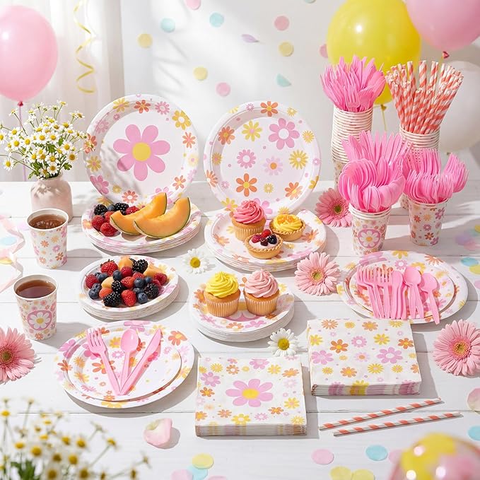 450 Pcs Daisy Groovy Tableware Set Decorations Boho Daisy Flower Paper Plates Napkins Cups Cutlery Straws for Boho Hippie Retro Birthday Baby Bridal Shower Wedding Tea Party, Serves 50