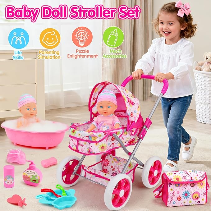 Baby Doll Stroller Set Toys for Girls Toddlers 3-5 4-6 5-7, Baby Doll Playset with 11" Doll, Bathtub and 20PCS Baby Doll Accessories, Baby Stroller Toys for 2 3 4 5 Year Old Girls Birthday Gifts