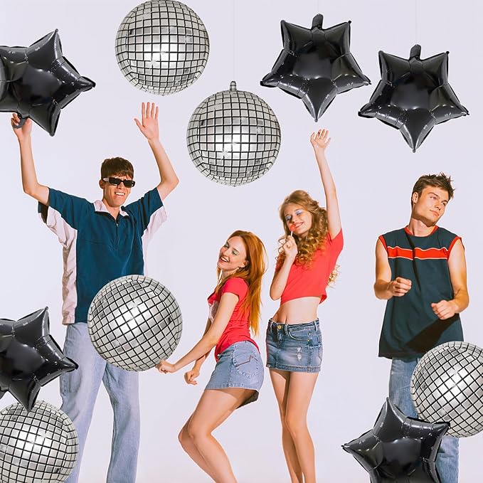 FBQ 10 Pcs Silver Disco 4D Balloons Black Star Balloons 18 Inch for 70s 80s 90s Birthday Disco Party Queen Party Decorations Supplies