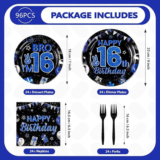 Grencian 96Pcs 16th Birthday Party Decorations for Boys Blue and Black 16th Birthday Plates Disposable Official Teen 16 Tableware for Teen Boys I’m 16 Bro 16 Years Old Party Supplies Serves 24