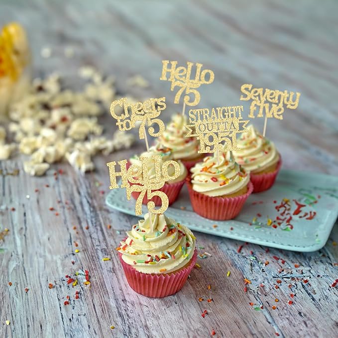 Ephlyn 24Pcs 75th Birthday Cupcake Toppers Glitter Straight Outta 1951 Cupcake Picks Hello 75 Cheers to 75 Years Cake Decorations for 75th Birthday Anniversary Party Decorations Supplies Gold