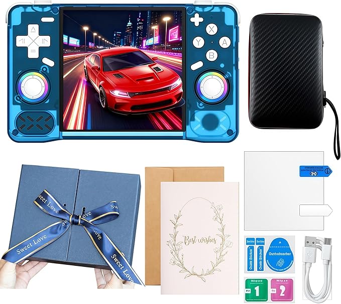 Upgraded XF40H Handheld Game Console,Retro Gaming Console Preloaded with Classic Games,4.0 Inch 4K HD IPS Screen,Portable Pocket Video Gaming with Valentine's Card & Premium Gift Box(128Gb Blue)