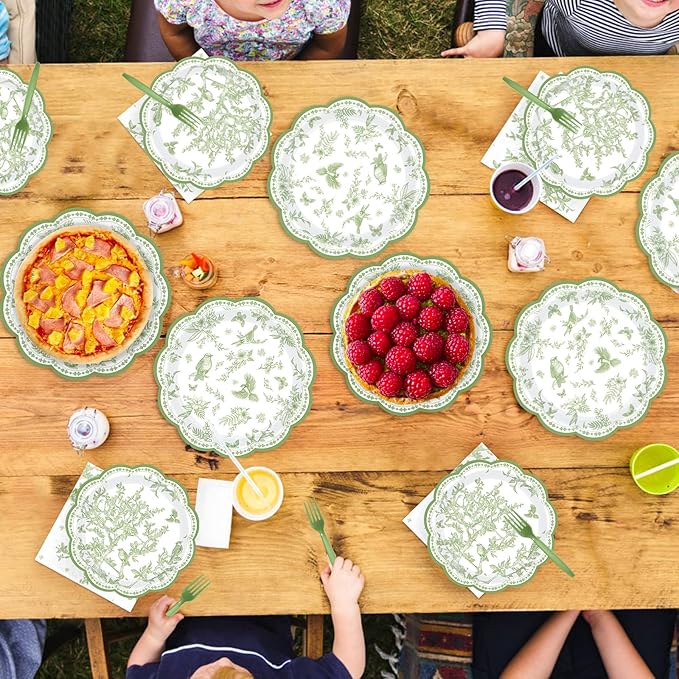 96Pcs Green Hummingbird Flowers Party Supplies Sage Green Bird Floral Plates and Napkins Disposable Vintage Spring Floral Tableware Set for Birthday Picnic Dinner Party Decorations Serves 24