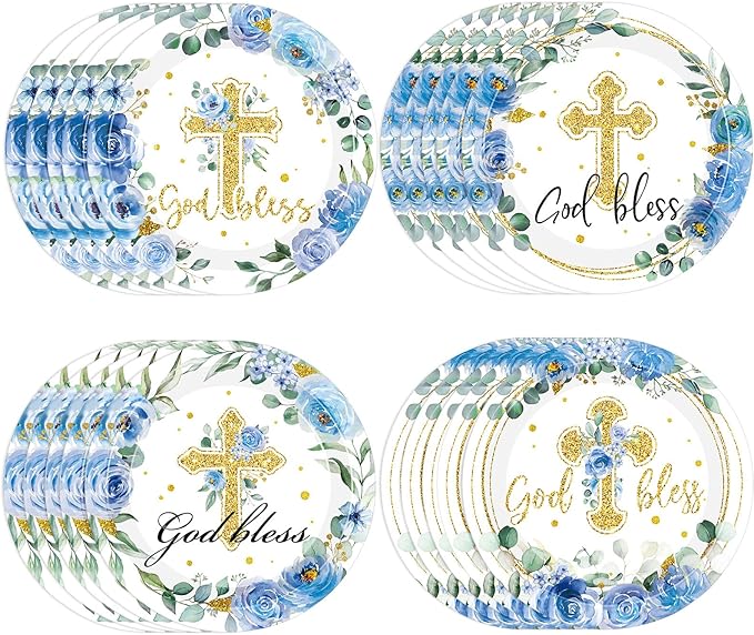 60 Pcs Baptism Cross Paper Plates 9 Inch God Bless Flower Disposable Plates First Holy Communion Floral Party Plate Tableware for Christening Celebration Baby Shower Religious Party Supplies