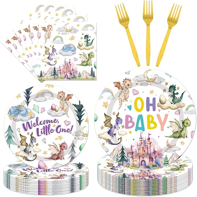 Dragon Birthday Party Supplies Tableware - 96 Pcs Watercolor Dragon Plates and Napkins, Magical Dragon Theme Dinnerware Set, Dragon Party Supplies Decorations for Baby Shower Serve 24 Guests