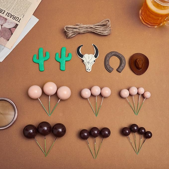 26 Pcs Cowboy Cake Decorations Cowboy Hat Cake Topper Western Hat Bull's Head Topper Decoration for Western Cowgirl Birthday Baby Shower Party Supplies (Brown, Retro)