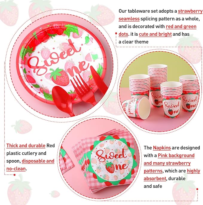 350 Pcs Strawberry Sweet One Party Supplies Tableware Set Disposable 9'' 7'' Paper Plates 9 oz Cups Cutlery Napkins Dinnerware Set for 1st Birthday, Serve 50 (Strawberry Sweet One, Red, Pink)