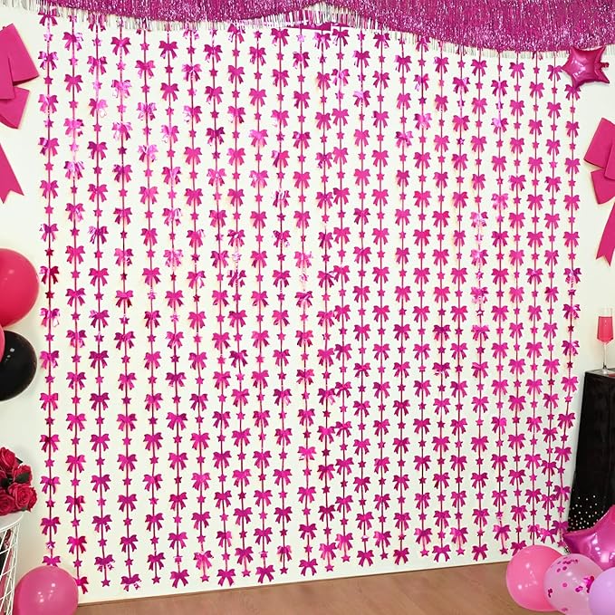 Bow Party Decorations, 2 Pack Hot Pink Birthday Party Supplies, 3.3 X 6.6 ft Foil Fringe Curtains, Pink Bow Photo Booth Props Photo Backdrop for Birthday, Bachelorette, Girls Party Decor