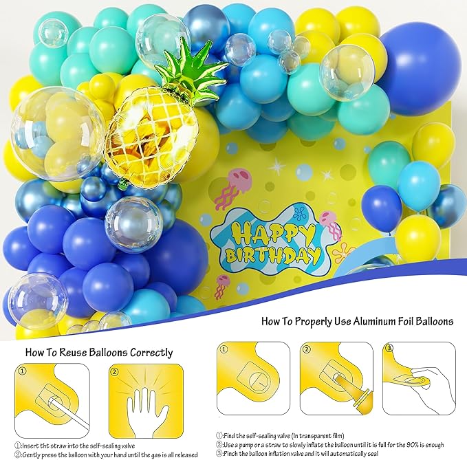 Cartoon Sponge Balloons Garland Arch Kit,Blue Yellow Balloons for Birthday Decorations,Pineapple Foil Balloon,Boys Girls Party Supplies