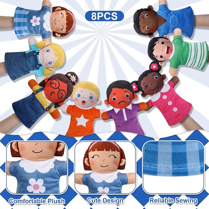Poen 8 Pcs Hand Puppets Set for Kids Multicultural Hand Puppets Bulk Soft Plush for Toddlers Learning Interaction Suitable for Home Daycare School Classroom Role Play Fantoccini Theater Shows(Feeling)