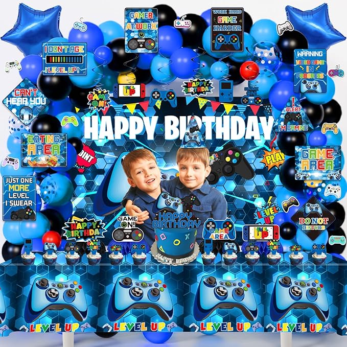 Video Game Birthday Party Decorations, 179Pcs Gamer Gaming Birthday Party Supplies Decor with Backdrop, Sticker, Balloons, Cake Toppers, Tablecloth, Centerpieces, Hanging Swirls, Wall Signs