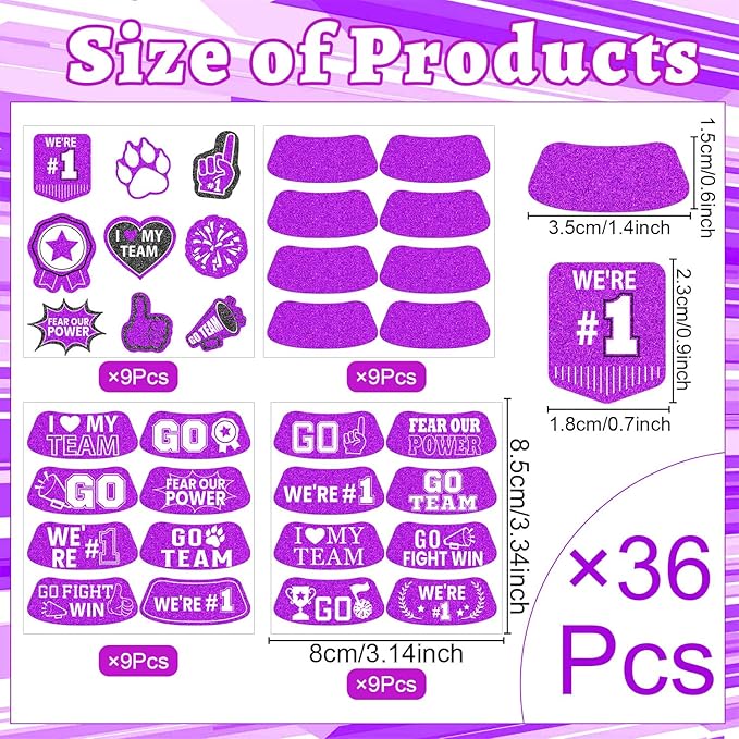 Gameza Purple Face Glitter Eye Black Stickers, 36PCS Football Baseball Breathable Eye Stickers, Soccer Face Sticker Party Favors for Lacrosse Fans, Spirit Day Accessories (Glitter, Purple)