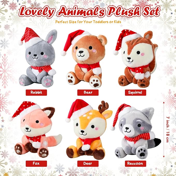 6 Pcs 7 Inch Large Woodland Animals Bulk with Red Hat & Scarf Bear Rabbit Squirrel Deer Raccoon Fox Plush Toys for Woodland Baby Showers Party Decor Birthday Gifts Classroom Awards
