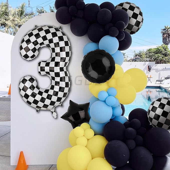 40 Inch Checkered Number Balloon 3 Black and White Race Car Birthday Balloons Baby Hippie Smile Party Shower Boys 3rd Birthday Race Car Theme Party Decor Supplies 5 Pcs