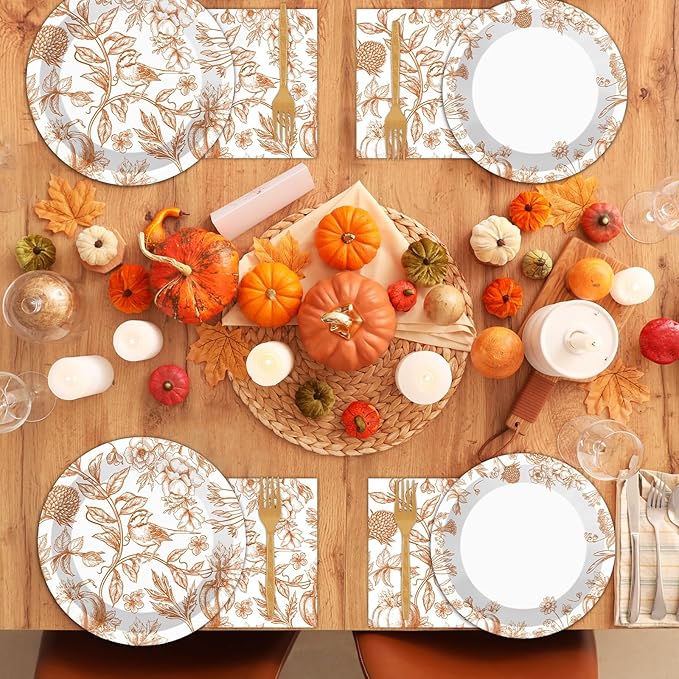 96Pcs Thanksgiving Party Supplies Paper Plates Napkins Thanksgiving Fall Harvest Cake Dessert Tableware Set Thankful Pumpkin Floral Picnic Dinnerware for Birthday Baby Shower Decoration Serve 24
