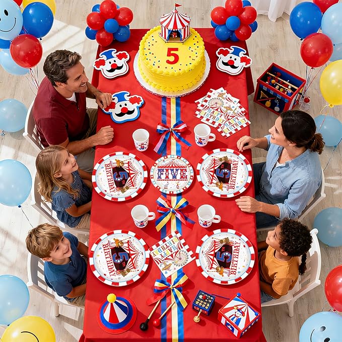 96Pcs Carnival 5th Birthday Party Decorations Christmas Carnival Circus Fifth Birthday Plates and Napkins Tableware Sets Circus Theme Decorations for Kids Baby Shower Five Years Old Supplies Serves 24