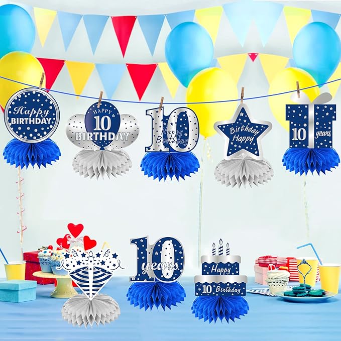 Kauayurk 8Pcs 10th Birthday Honeycomb Centerpieces Decorations for Boys, Blue Silver 10 Year Old Birthday Table Centerpiece Party Supplies, Ten Birthday Table Topper Decor Sign