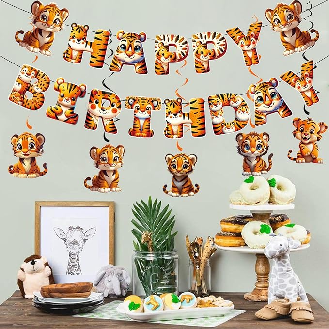 Zwiebeco Tiger Happy Birthday Party Decoration Banner Bunting Garland Hanging Paper Swirls Kit for Safari Wild One Woodland Jungle Theme Baby Shower Accessories Supplies