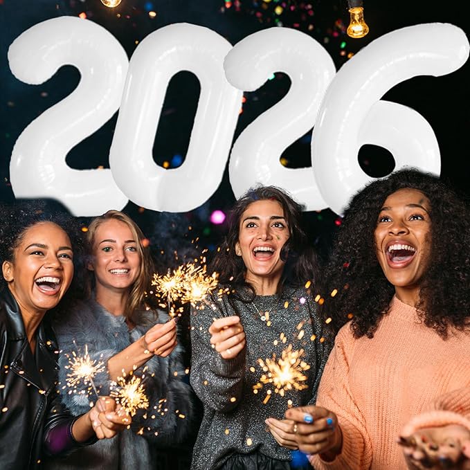 KALOR 32 Inch 2026 White Foil Number Balloons, 2026 New Years Decorations for 2026 Happy New Year Eve and Graduations Party Supplies