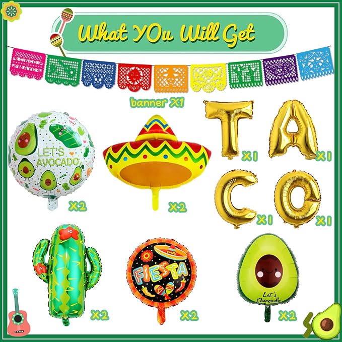 18 PCS Fiesta Party Supplies - Taco, Mexican, Cactus, Avocado, Hat Jumbo Mylar Foil Balloons - Cinco De Mayo Party Decorations