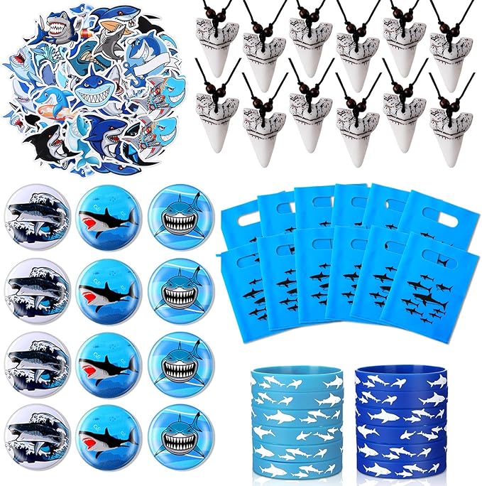 Jerify 110 Pcs Shark Party Favors Keychains Tooth Necklaces, Silicone Bracelet Wristbands Button Pins Gift Bags and Stickers for Birthday Shark Party Supplies Ocean Sea