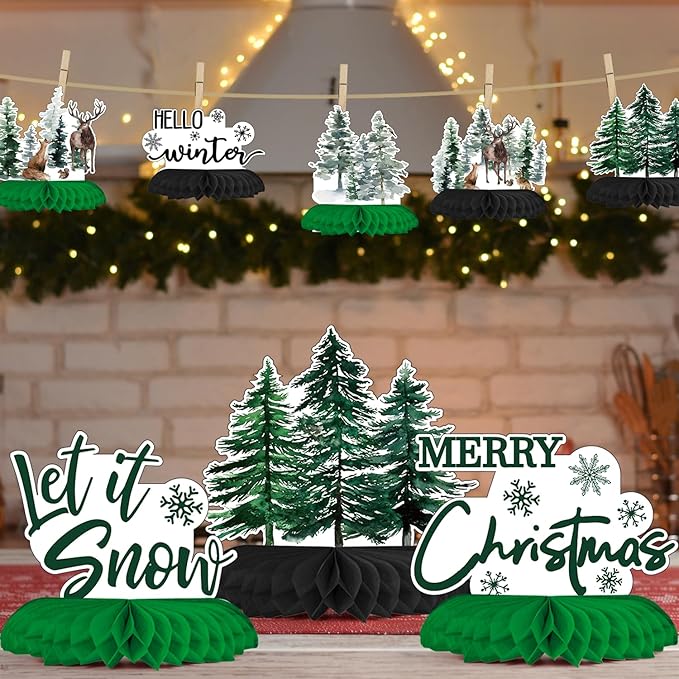 Horaldaily 9PCS Christmas Party Table Decoration Centerpieces, Merry Christmas Xmas Trees Deer Squirrel Rabbit Honeycomb Centerpieces Table Toppers for Christmas Themed Birthday Party