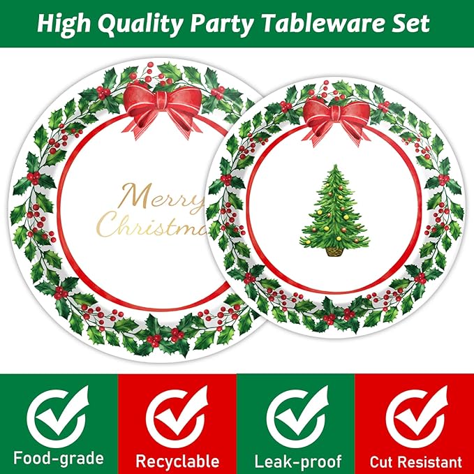 gisgfim 96 Pcs Christmas Paper Plates Napkins Party Supplies Holly Leaf Party Tableware Decorations Favors for Merry Christmas Birthday Serves 24