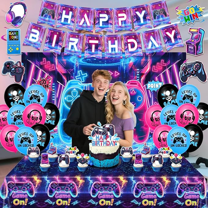 45Pcs Gamer Birthday Party Decorations - Gaming Party Supplies with Backdrop, Banner, Tablecloth, Balloons, Swirls & Cake Toppers for Video Game Theme, Colorful