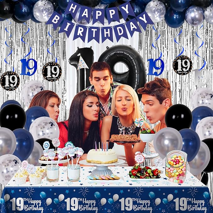 19th Birthday Decorations for Boys and Girls Dark Blue, 19 Birthday Decorations with HAPPY BIRTHDAY Banner 19 Balloon Number Tablecloth Foil Star Balloons Garland Arch Kit-19 Year Old Party Supplies