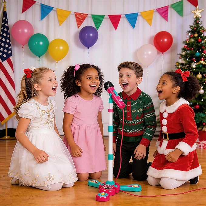 Kids Karaoke Machine with Stand - Adjustable Height,Kids Bluetooth Microphone, Rotating Stage Lights & 20 Dance Songs,Cheer & Clap Sounds for Immersive Stage Performance, Gift for Girls Boys Ages 3-5