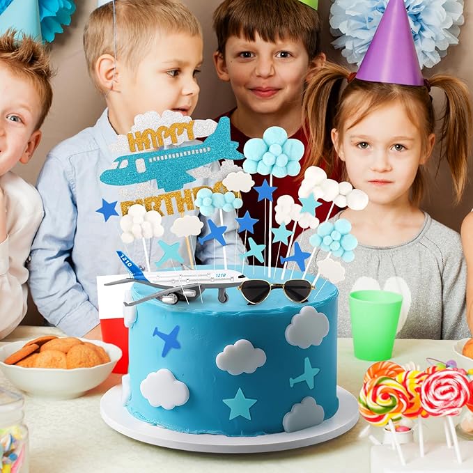 Hooqict 25 Pieces Airplane Cake Topper Decorations with Mini Sunglasses Blue White Cloud Happy Birthday Cake Toppers & Cupcake Toppers for Airplane Themed Party Decorations Supplies