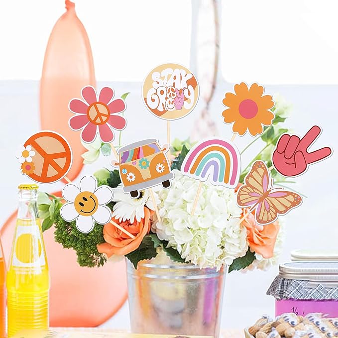 18 PCS Hippie Party Centerpiece Sticks Dasiy 60s Retro Boho Peace Sign Hand Butterfly Two Groovy Table Flower Centerpieces Sticks for Hippie Two Groovy Carnival Theme Birthday Party Supplies