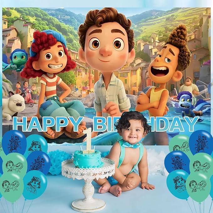 Luca Birthday Party Decoration,Cartoon Party Photo Background 5 x 3 FT and 18 Pcs Balloon,Merch Party Backdrop Supplies