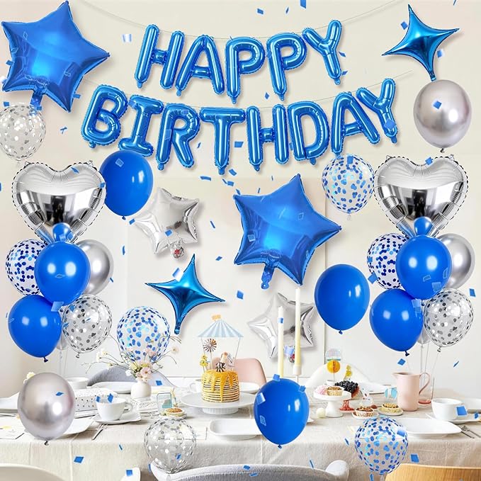 Blue Silver Birthday Decorations for Boys Dark Royal Navy Blue Metallic Silver Confetti Balloon Happy Birthday Banner 18/10 Inch Heart Foil Balloons Star Balloon for Men Bday Party Supplies