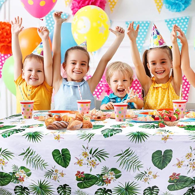 4 Pack Hawaiian Luau Tablecloths for Party Decoration, Hawaii Disposable Plastic Rectangular Table Covers, Aloha Tropical Palm Leaves Table Cloth, Summer Beach Kids Birthday Cocktail Party Supplies