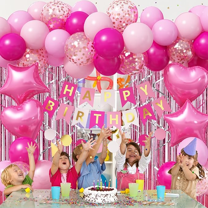 Pink Birthday Decorations for Girls, Hot Light Pink Balloon Garland Arch Kit Happy Birthday Banner Foil Curtain Heart Star Foil Party Balloons for Princess Party Decor