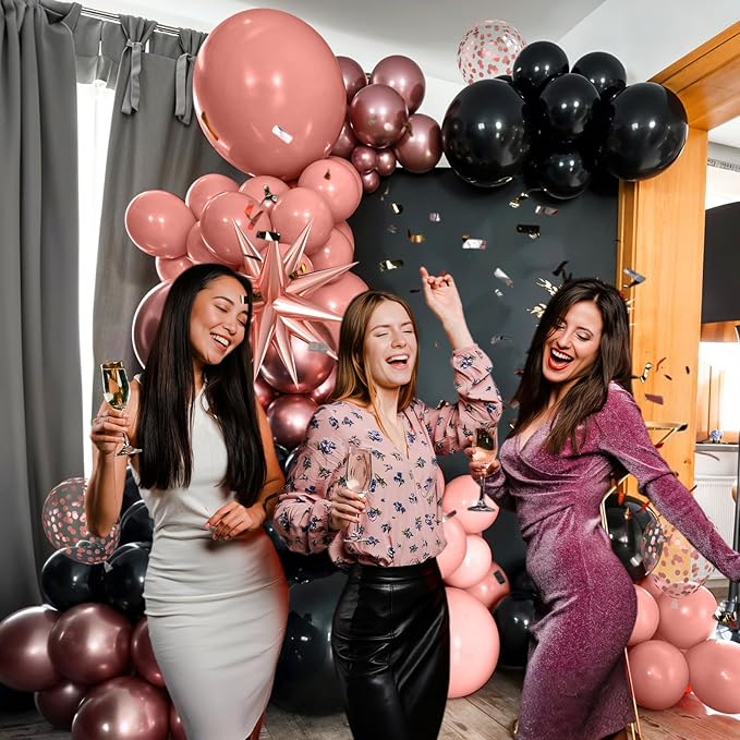 Rose Gold Black Balloons Garland Kit, 120Pcs Metallic Rose Gold Black Confetti Balloons Arch with 4D Star Foil Balloons for Wedding, Birthday, Graduation, Baby Shower Party Decoration