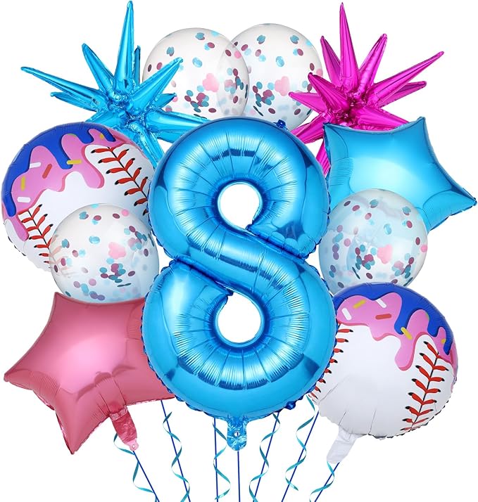 11 Pcs Ice Cream Drip Baseball Birthday Party Decorations 8th Baseball Balloons Birthday Decoration Sports Theme Party Supplies 32 Inch Foil Number 8 Balloon for Summer Ice Cream Camping Baby Shower