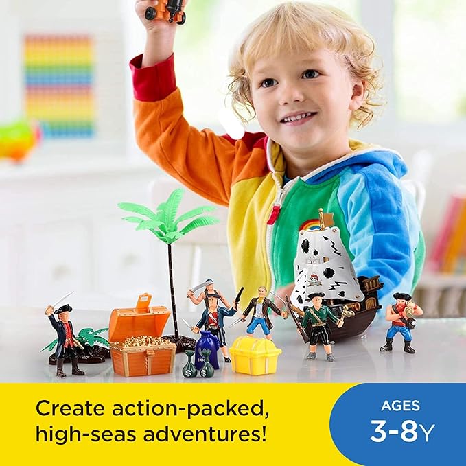 Liberty Imports Bucket of Pirate Action Figures Toys Playset with Pirate Ship, Boat, Treasure Chest, Cannons, Shark for Kids Imaginary Pretend Play