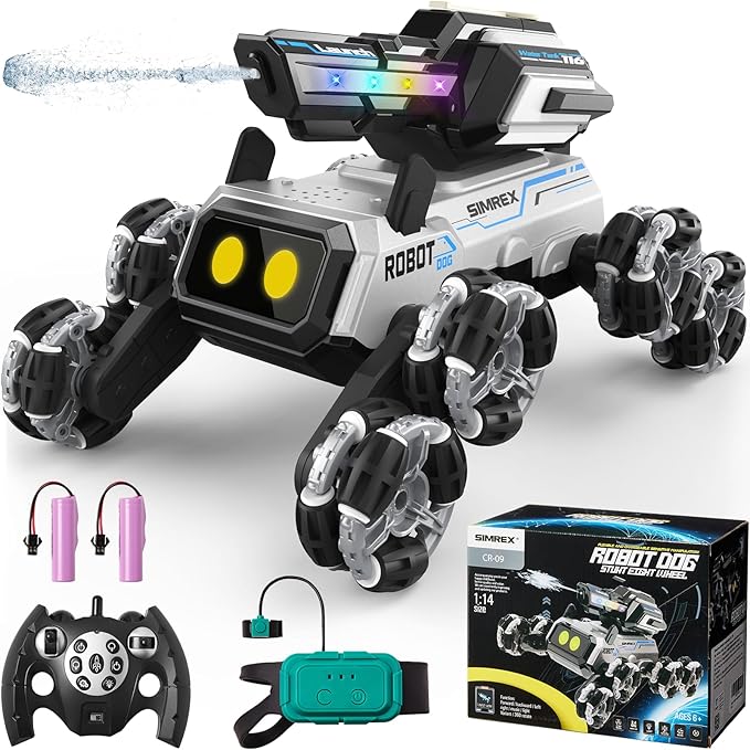 SIMREX Robot Dog RC Stunt Car Toys - Gesture Sensing Remote Control car with Mecanum Wheels, LED Eyes, 3 Sound Effects,Water-Shooting Turret & RGB Lights,Birthday Gift for Kids Boys Girls