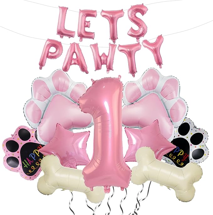 1st Dog Balloons 18pcs Lets Pawty Balloons Dog Paw Decor Pink 32 inch Pink Number Balloons Mylar Foil Balloons for Lets Pawty Birthday Decorations Dog 1st Birthday Party Supplies