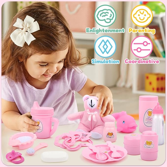 deAO 40 Piece Baby Doll Accessories Bag with Baby Feeding Accessories, Clothes, Doll Bear, Bath Toys, Soother Dummy and Much More - Great Nurturing Pretend Toy for Kids
