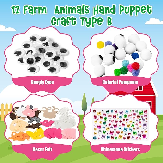 WATINC 6Pcs Hand Puppet Making Kit, Art Craft Felt Sock Puppet Toys, Creative DIY Make Your Own Pompoms Wiggle Googly Eyes Storytelling Role Play Party Supplies Gift for Girls Boys (Farm Animals B)