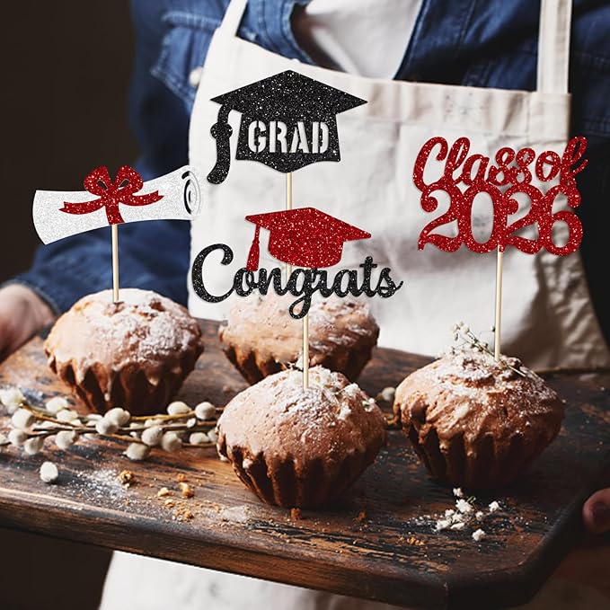 Red and Black Graduation Cupcake Toppers Decorations Class of 2026 Cupcake Topper Graduation Cup Cake Picks Congrats Grad Party Decor Supplies Set of 24